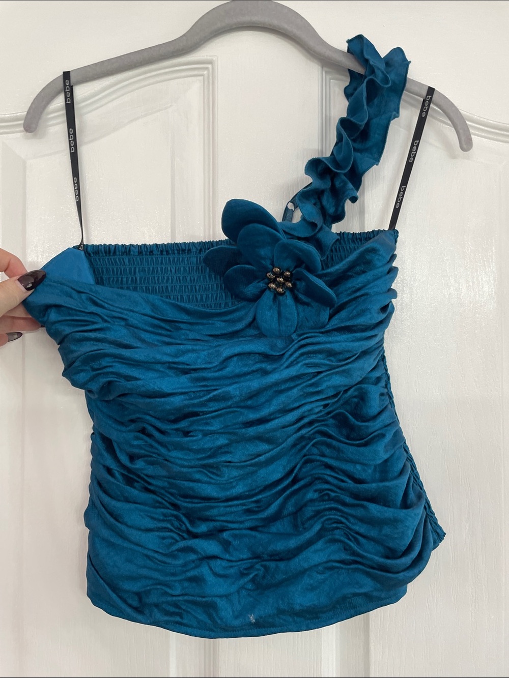 bebe Teal One-Shoulder Ruffled Camisole with Flower Detail